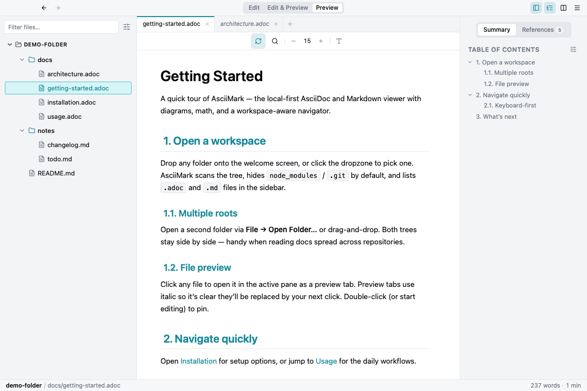 Markdraw workspace with sidebar, tabs and table of contents